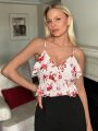 SHEIN Frenchy Valentine'S Day V-Neck Spaghetti Strap Camisole With Floral Print Ruffled Hem