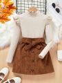 SHEIN Kids SUNSHNE Girls' Knitted Sweater With Stand Collar And Ruffle Hem Detailing Plus Corduroy Skirt Set