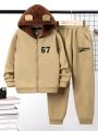 SHEIN Kids EVRYDAY Tween Boy Letter Graphic 3D Ears Design Thermal Lined Hooded Jacket & Pullover & Sweatpants