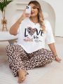 Plus Size Women'S Slogan Printed Short Sleeve And Leopard Print Pants Casual Pajama Set