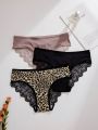 3pack Leopard Contrast Lace Scallop Trim Panty