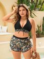 SHEIN Swim Classy Plus Size Floral Print Knot Front Bikini Set 3 Piece Set