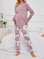 Maternity Contrast Color Round Neck Top And Flower Pattern Pants Pajama Set