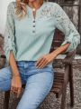 Women'S Lace Splice Notched Collar Blouse With Flounce Sleeve