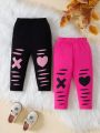 SHEIN 2pcs/Set Baby Girl Casual Geometric & Heart Pattern Printed Brim Pants For Outdoor Outfits In Spring & Summer