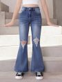 Tween Girls New Casual Fashionable Slimming Distressed Washed Denim Flare Pants With Multiple Matches, Summer
