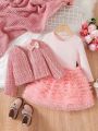 SHEIN Kids CHARMNG Little Girls' Cute Bowknot Decorated Texture Outerwear And Mesh Hem Long Sleeve Dress Set For Autumn And Winter