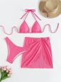 SHEIN Swim Basics Monochromatic Bikini Swimsuit Set With Beach Half-length Skirt