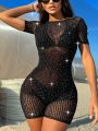 Women'S Sexy Rhinestone Sheer Mesh Bodysuit