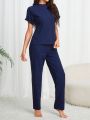 Women's Short Sleeve Stand Collar Top And Long Pants Homewear Set