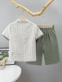 SHEIN Kids FANZEY 2pcs/Set Tween Boys' Grid Pattern Short Sleeve Dress Shirt With Bow Tie, And Shorts Gentleman Outfits