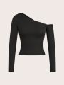 SHEIN BASICS Women'S Long Sleeve Asymmetrical Neckline T-Shirt