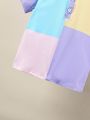 Young Boy 2pcs/Set Macaroon Color-Block Polo Shirt And Shorts Casual Outfits For Summer