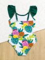 Little Girls' Fruit & Tree Leaves Printed One-Piece Swimsuit With Ruffled Hem