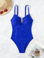 SHEIN DD+ Women'S One Piece Swimsuit With U-Shaped Ring And Ruched Details