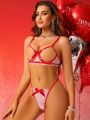 Hollow Out Lace Underwire Bra And Thong Panties Set With Valentine's Day Theme