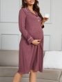 Maternity Colorblock Button Up Homewear Dress With Rolled Edge