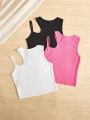 SHEIN Kids HYPEME Tween Girls' Sports Street Style Knitted Solid Color Sleeveless Vest, 3pcs/set