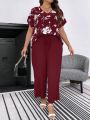 SHEIN LUNE Plus Floral Print Batwing Sleeve Top & Knot Front Pants