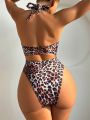 SHEIN Swim BAE Women's Leopard Print Crisscross Halter One Piece Swimsuit