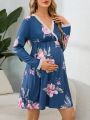 Maternity Lace Trimmed Floral Printed Long Sleeve Nightgown