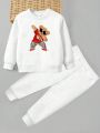 2pcs/Set Toddler Boys' Stylish Sporty Leisure Iron-On Print Round Neck Long Sleeve Sweatshirt And Pants Outfit For Autumn And Winter