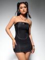 Strapless Denim Dress With Belt For Slim Fit