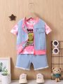 3pcs/set Spring Summer Baby Girls' Denim Vest, Pink Smiling Face Printed T-shirt, Light Washed Shorts Outfit Set