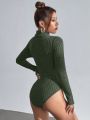 SHEIN Clasi Cut Out Front Turtleneck Ribbed Knit Bodysuit