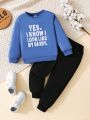 Little Boys' Slogan Printed Sweatsuit With Round Neck Sweatshirt And Sweatpants