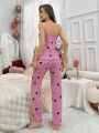 Heart Print Lace Detail Cami Top And Pants Home Wear Set