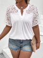 Women'S Plus Size Vintage Patchwork Lace V-Neck Short Sleeve T-Shirt