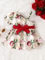 Infant Girls' Bubble Sleeve Floral Printed Belted A-Line Dress With Asymmetric Collar, Simple And Stylish, For Spring And Summer