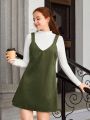 Teen Girls' Ribbed Turtleneck T-Shirt And Corduroy Suspender Skirt Two Piece Set