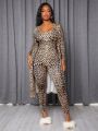 SHEIN Slayr Ladies' Leopard Printed Long Sleeve Jacket And Vest With Skinny Jumpsuit 2pcs/set