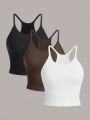 3pcs Solid Color Ribbed Athletic Tank Tops With Striped Details