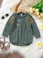 Baby Girls' Casual Floral Embroidery Pattern Sweater Jumpsuit In Countryside Style