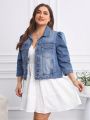 SHEIN LUNE Plus Size Bubble Sleeve Three Quarter Denim Jacket