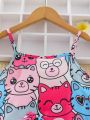 SHEIN Kids Nujoom Tween Girls' Funny And Cute Colorful Cartoon Pig Printed Tanks Top And Shorts Pajama Set, 2pcs/Set, Cool