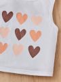 SHEIN Kids QTFun Big Girls' Knit Solid Color Heart Pattern Tank Top 2pcs Set