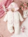 Baby Girl Contrast Binding 3D Ears Design Hooded Jumpsuit With Scarf