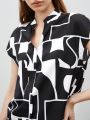 SHEIN BIZwear Women'S Full-Print Notch Neck Batwing Sleeve Blouse