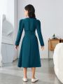 SHEIN Tween Girls' Vintage Fitted Pearl Decor Long Sleeve Elegant Midi Dress