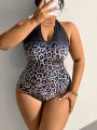 SHEIN Swim SXY Plus Size Women'S Leopard Print Halter One-Piece Swimsuit