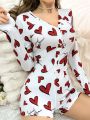 Women's Heart Printed Button Front Romper Pajamas