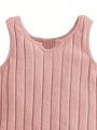 SHEIN Baby Girls' Casual Sports Tank Top With Notched Neckline And Shorts Set