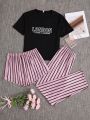 Women'S Slogan Printed Short Sleeve Top And Striped Shorts/Pants Pajama Set