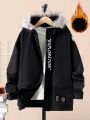 SHEIN Kids Academe Tween Boy 1pc Letter Graphic Patch Detail Fuzzy Trim Hooded Thermal Lined Coat