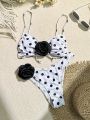 Women'S 3d Flower Decor Random Polka Dot Printed Bikini Set With Swimsuit