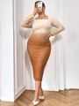 SHEIN Privé Plus Size Women'S Ombre Pleated Long Sleeve Dress